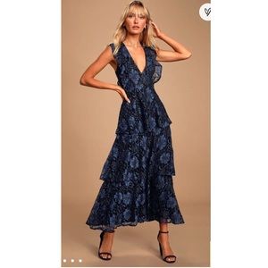 Lulu’s Blue Lace Ruffled Tiered Sleeveless Dress